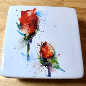 Dean Crouser Big Sky Square Ceramic Art Vanity Trinket Jewelry Box w/ Lid Roses